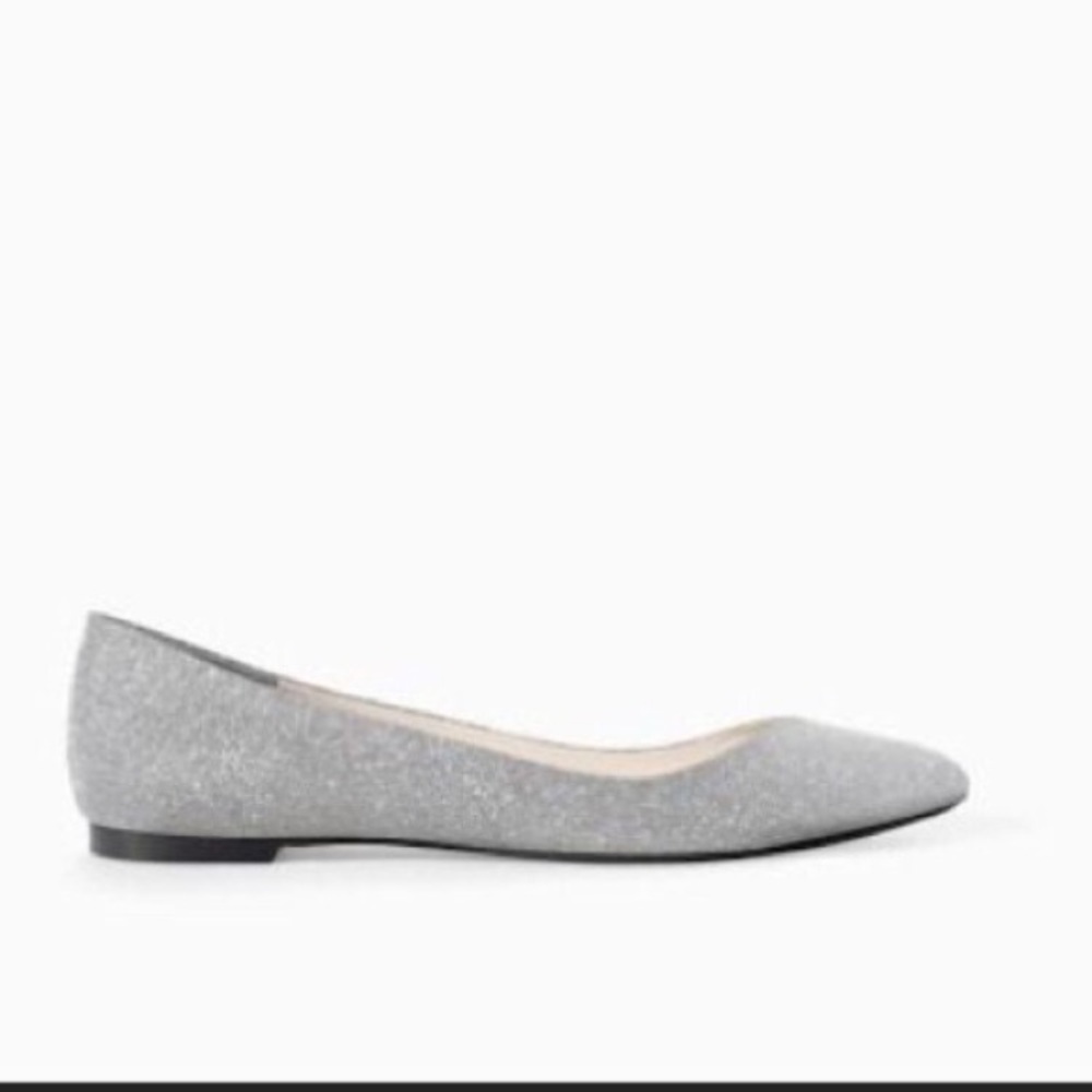 Zara 37.5 Silver Sparkling Glitter Flat Shoes